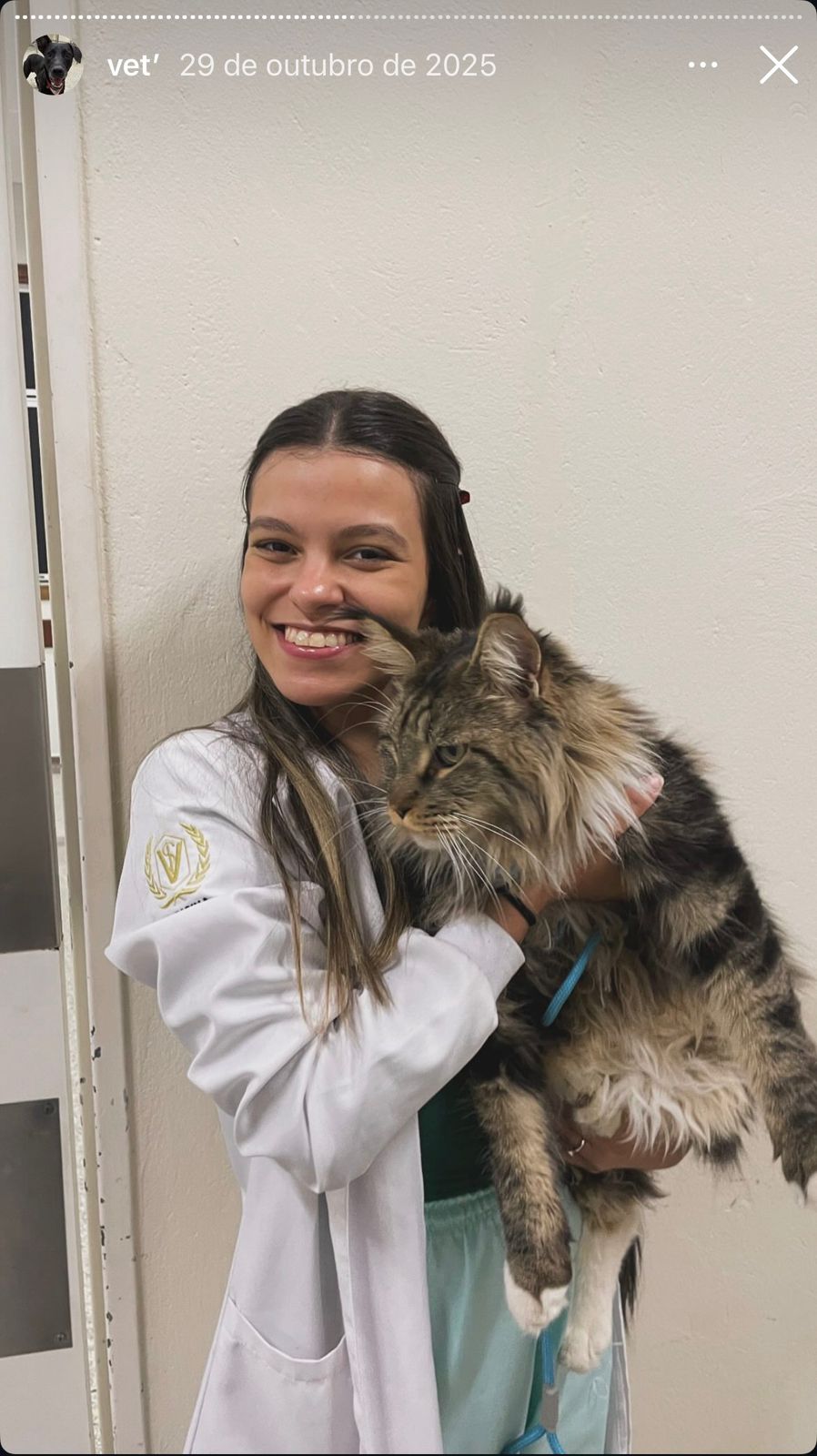 Alicia de jaleco segurando um gato de pelo longo no colo